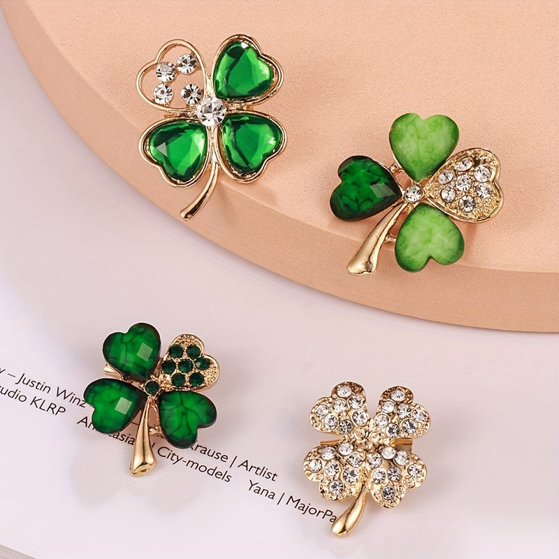 Set of 4 alloy clover brooch pins with synthetic rhinestone mosaic in a simple, cute style. Perfect fashion accessory for clothing, daily wear, and gift occasions throughout all seasons.