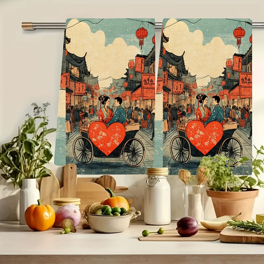 These kitchen towels are luxuriously soft and feature a charming illustration of a couple in traditional Chinese clothing, riding a heart-shaped rickshaw through a bustling street market. They are not only highly absorbent but also perfect for holiday