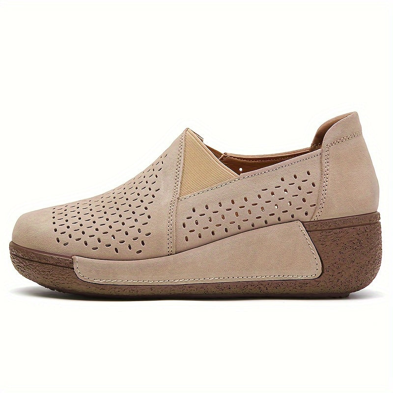 Breathable slip-on sneakers for women with hollow design, round toe, and non-slip PU sole.