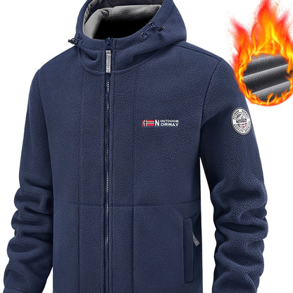 Men's fleece-lined hooded jacket for fall/winter activities, featuring windproof design, zipper pockets, and embroidery details.