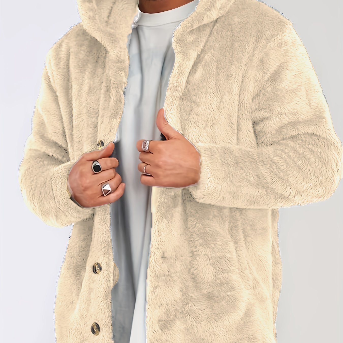 Warm and cozy brown faux fur hooded cardigan with button pockets for men, perfect for fall and winter. Comfortable and casual plus size outerwear in plush polyester.