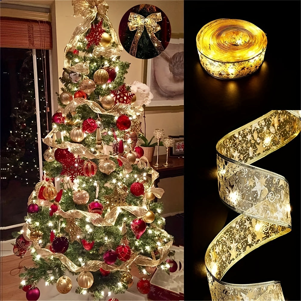 Choose from 2m/78.74" to 10m/393.7" lengths of battery-powered LED fairy lights with golden Christmas ribbons and bowknots for tree, home, and party decor, ideal for Halloween, Christmas, and weddings.