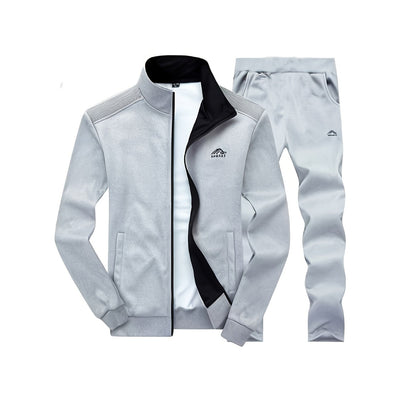 Men's embroidered polyester sports suit set with long sleeve zip-up jacket and pants, slight stretch knit fabric, casual to athletic fit, stand collar for spring/fall.