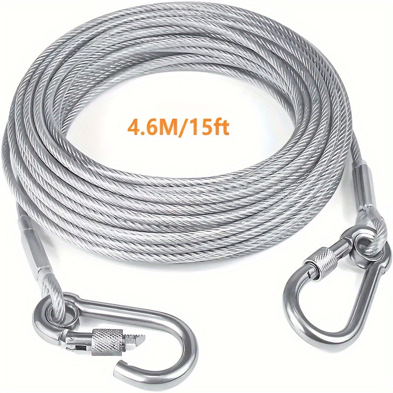 Durable dog tie-out cable, 113.4 KG capacity, stainless steel with swivel snap hooks, perfect for outdoor activities.