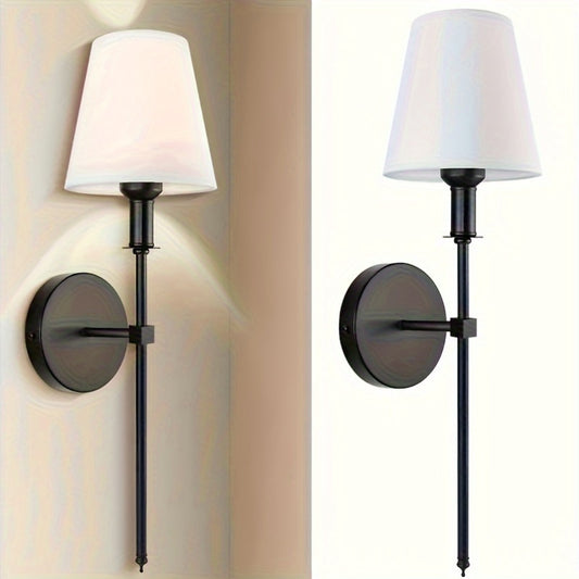 Pair of modern wall sconces with white fabric shade, metal flush mount ceiling lights, dimmable foldable area lighting for bathroom, bedroom, hallway, and kitchen. Hardwired with touch