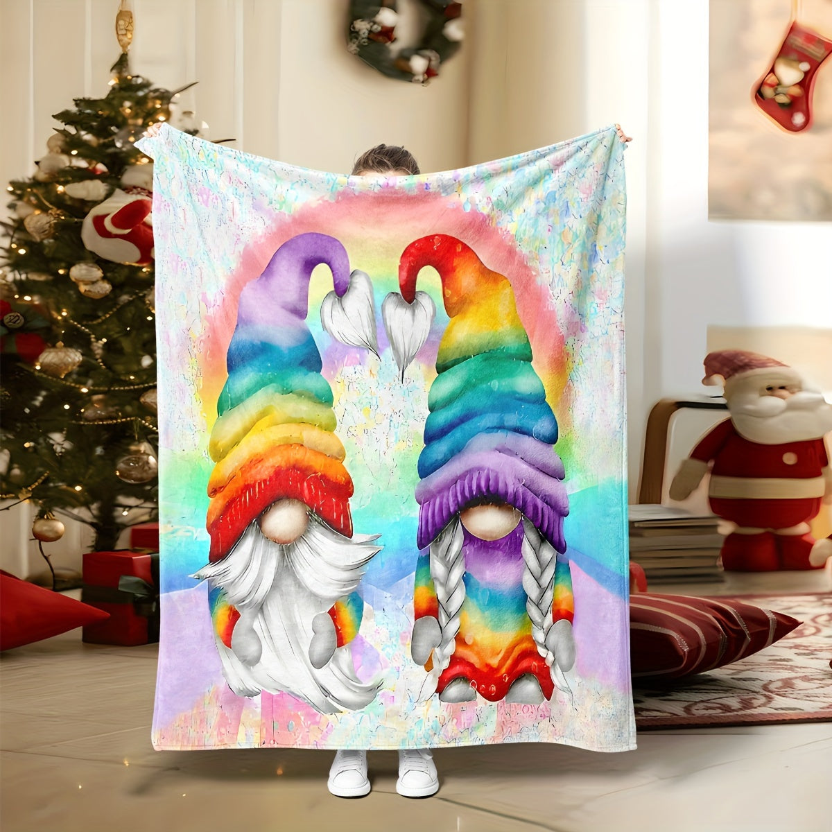 This cozy 1PC Contemporary Cartoon Gnome Throw Blanket is perfect for any sofa or bedroom. It is machine washable, stain resistant, and made of soft and warm knitted polyester. This decorative blanket can be used all year round and is ideal for travel