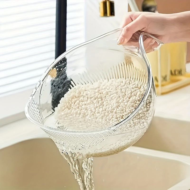 Versatile rice washing strainer basket made of durable plastic for draining and rinsing grains, fruits, and vegetables without needing electricity.