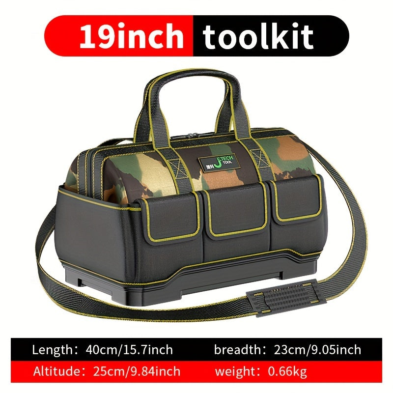 14-inch camouflage tool bag made of durable Oxford material with reflective stripes, waterproof and wear-resistant, featuring multiple pockets for electrical storage and a large capacity