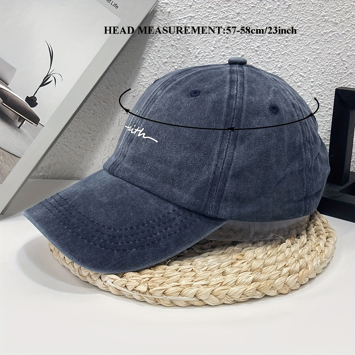 Vintage style denim baseball cap with faith embroidery, alphabet pattern, and adjustable fit for casual streetwear.