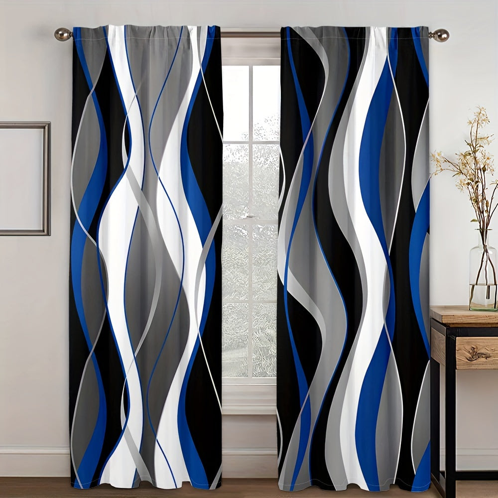 A modern abstract geometric curtain set, featuring 2 pieces in black and white. These semi-transparent privacy drapes are perfect for the living room and bedroom, and are machine washable for easy cleaning.