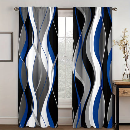 A modern abstract geometric curtain set, featuring 2 pieces in black and white. These semi-transparent privacy drapes are perfect for the living room and bedroom, and are machine washable for easy cleaning.