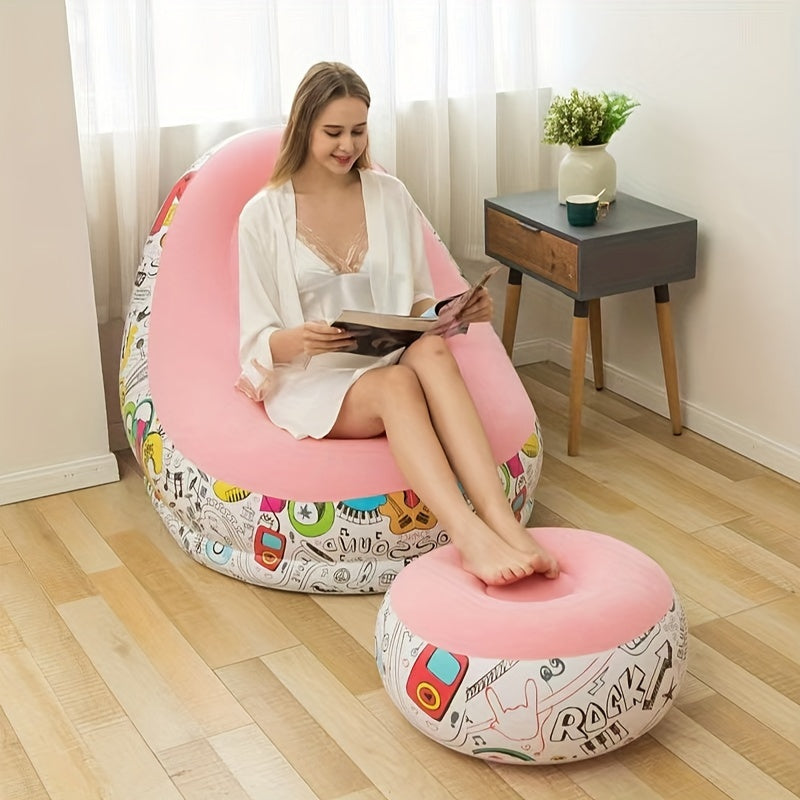 Brown Ergonomic Inflatable Lounger Sofa with Footrest, Festive Home Decor perfect for Halloween and Christmas. Made of Durable Plastic with Comfort Flocked Surface, this Relaxing Air Chair is ideal for the Living Room. Dry Clean Only. Pump Not Included.