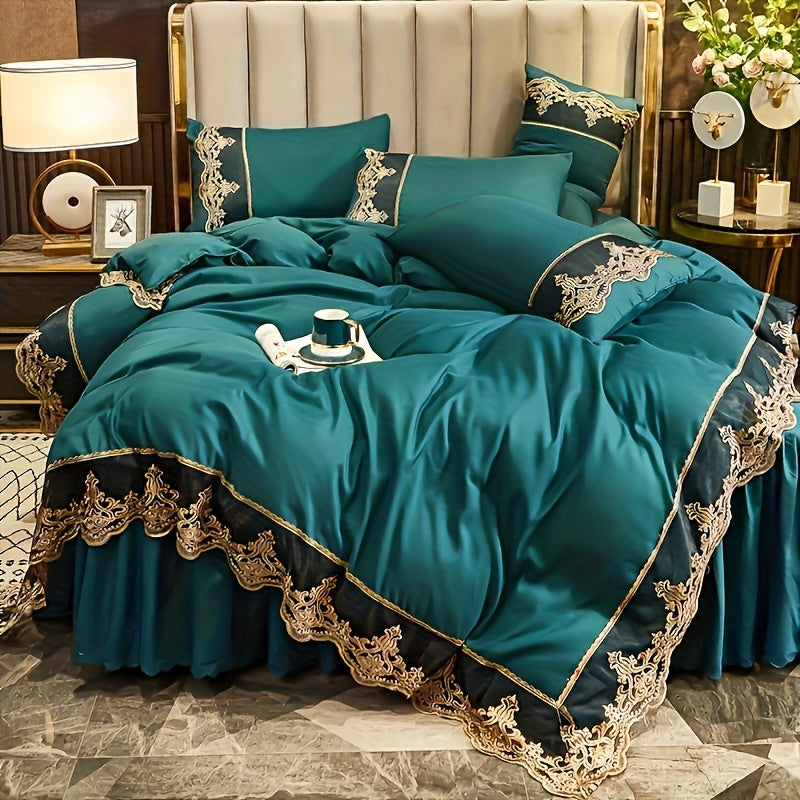 Lace bedding set in various colors with quilt cover and matching pillowcase. Available in two or three piece set.