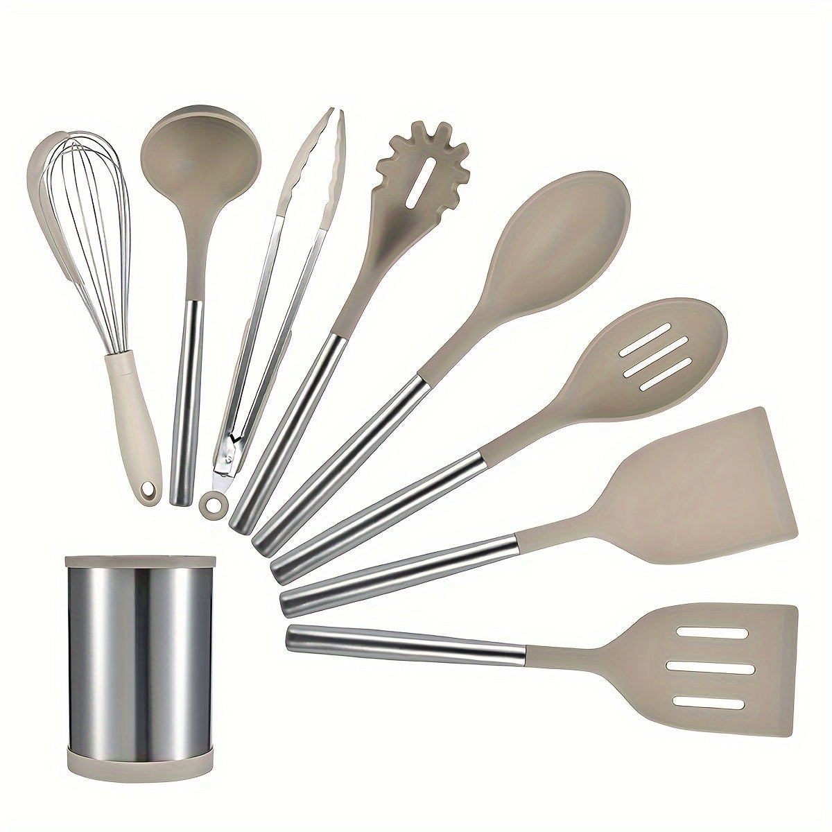 Silicone Kitchen Utensil Set - 9 Pieces with Stainless Steel Handles, Non-Stick Cooking Tools Including Spatula, Shovel, Spoon, and Storage Bucket. Perfect for Holiday Gifts, Kitchenware, and Cooking.