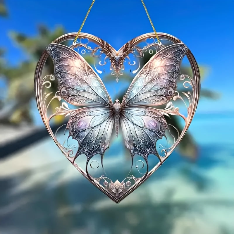 Glass window decoration pendant chain featuring a heart butterfly pattern, perfect for hanging in any room of the house as a beautiful and unique decoration. This versatile piece can be used in the bedroom, living room, kitchen, balcony, hallway, or