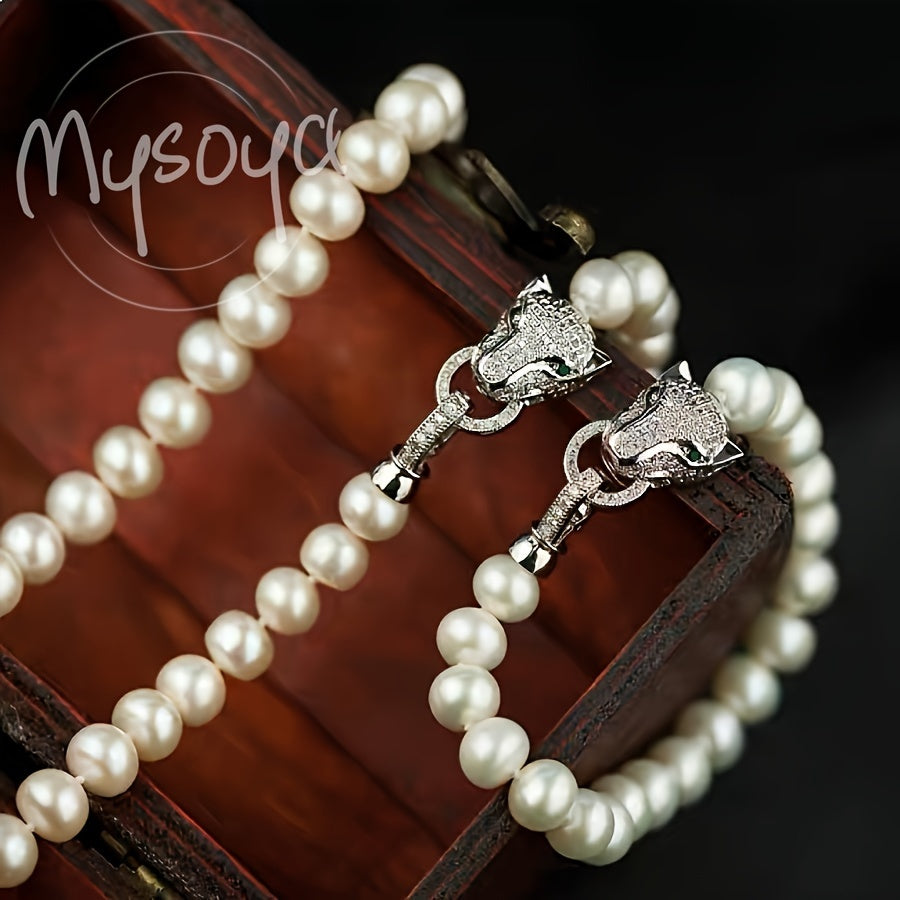 MYSOYA presents an exquisite luxury set of freshwater pearl jewelry featuring a stylish leopard head clasp. Handcrafted with genuine 8-9mm pearls, this unisex necklace and bracelet set is the perfect natural June birthstone accessory. Give the gift of