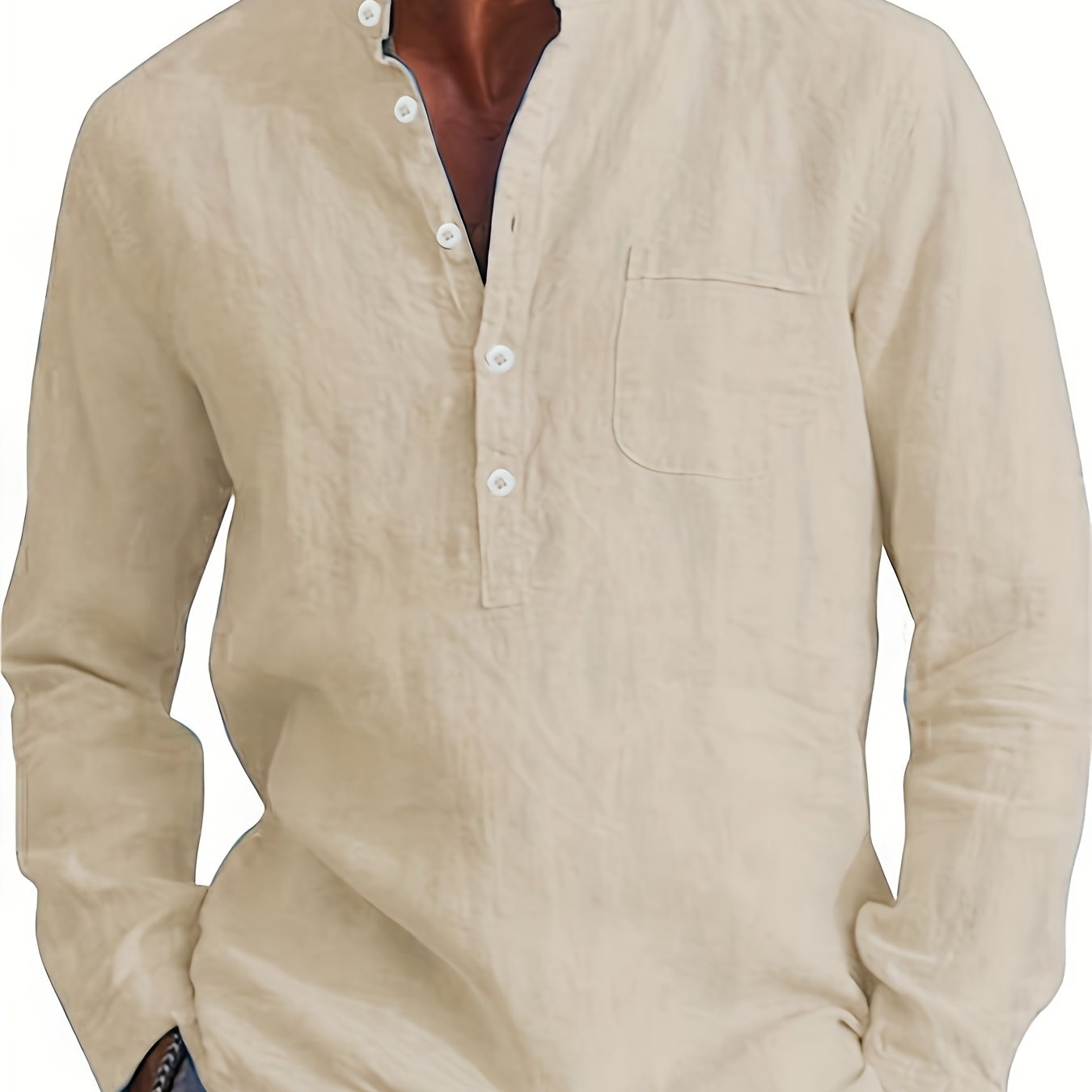 Resort-style plus size men's Henley shirt with long sleeves.