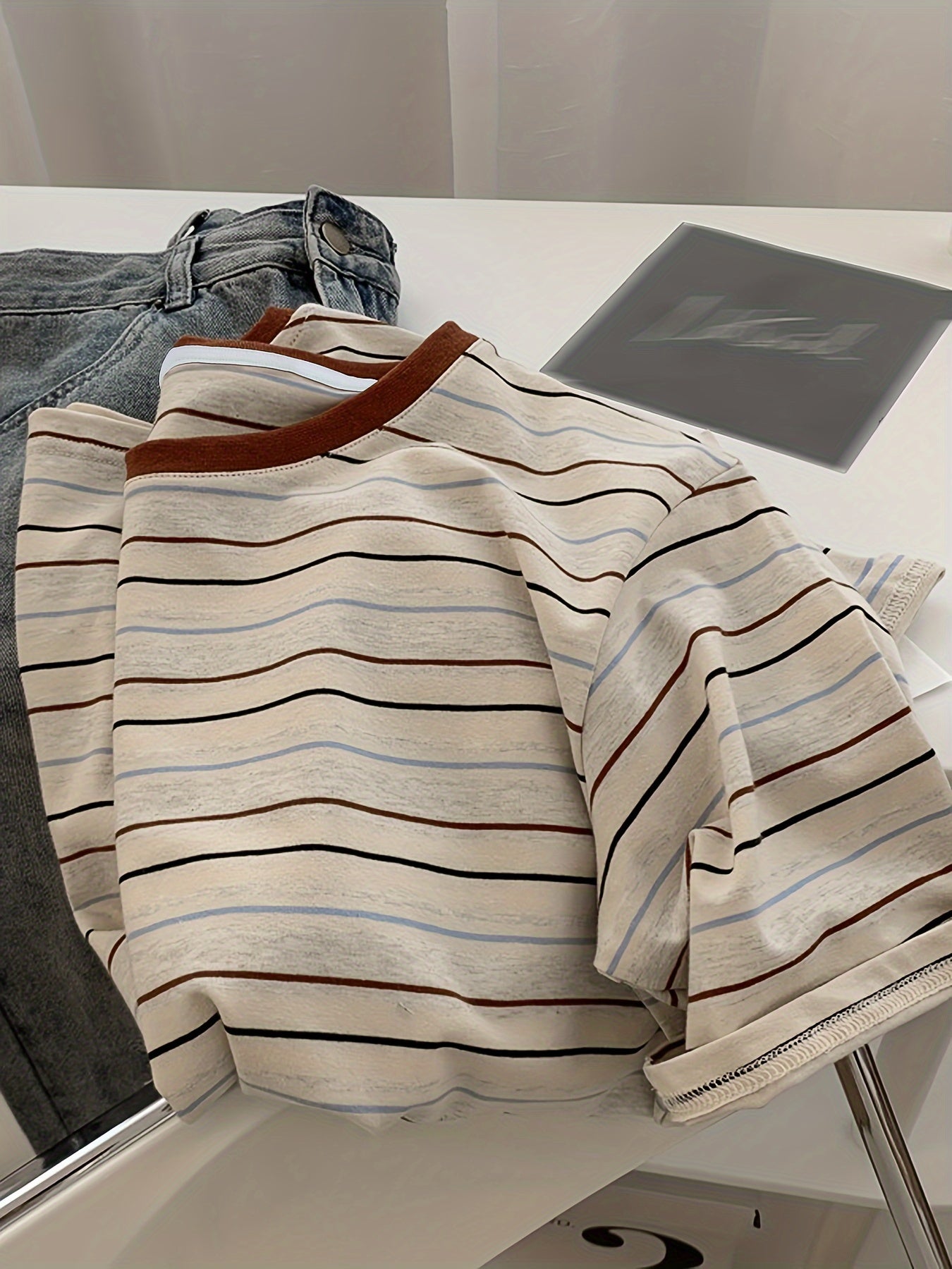 Striped Print Crew Neck T-Shirt for Women, perfect for summer casual wear.