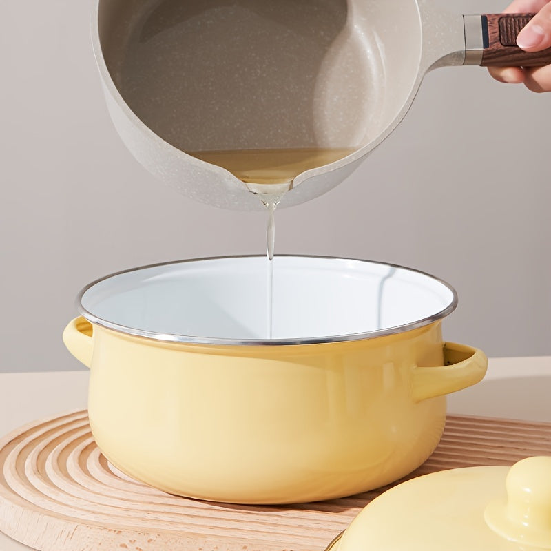 Set of 3 enamel cookware pieces - Includes large capacity pots with lids, vintage style stockpots with handles. Perfect for oil storage and cooking in the kitchen.