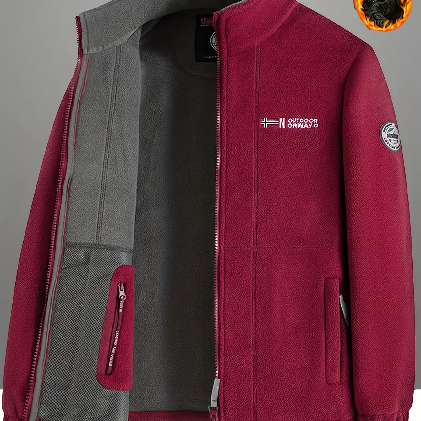 Men's casual fleece-lined jacket with stand collar, embroidery, zip-up cardigan, and warm knit fabric for fall/winter sports.