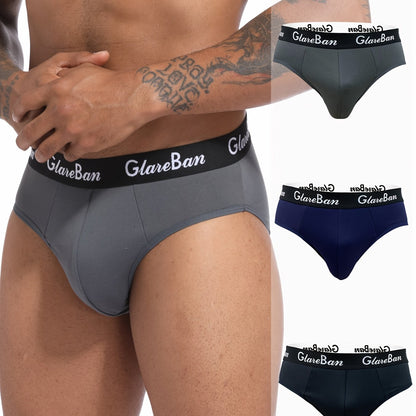 3 pack of men's underwear in dark gray, navy blue, and black with "GLAWNBAN" waistband, made of comfortable polyester blend. Stretchy, breathable, and supportive. Machine washable with