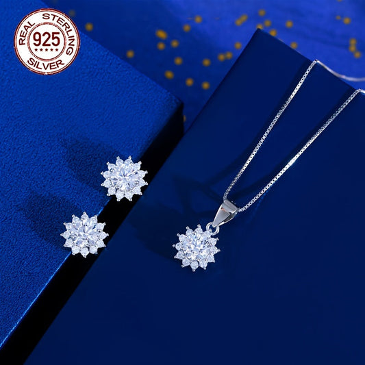 Beautiful 925 Sterling Silver Sunflower Pendant Necklace and Stud Earrings Set with Synthetic Cubic Zirconia, Hypoallergenic and Ideal Valentine's Day Gift for Women, Timeless All-Season Jewelry Set