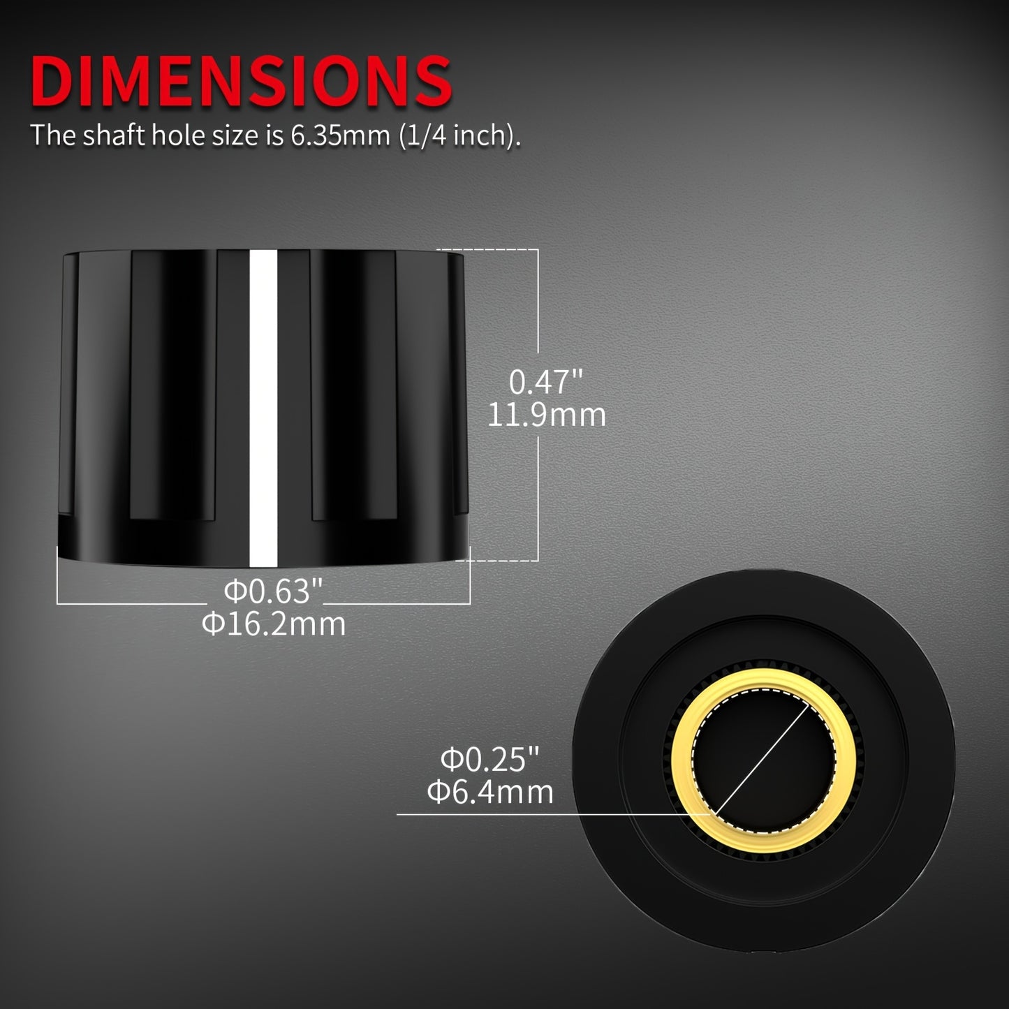 5 Speaker control knobs for 6.35mm shaft potentiometer with set screw.