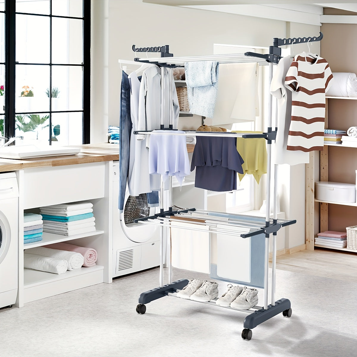 A versatile drying solution featuring a three-tiered drying rack, adjustable rolling laundry rack with a foldable drying rod, and a large clothes dryer on wheels. Perfect for indoor and outdoor use, these drying racks make the perfect back-to-school