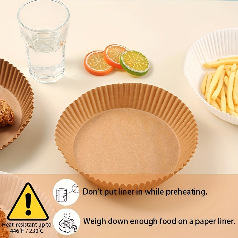 Disposable Air Fryer Liners available in packs of 30, 50, or 100 pieces. These liners come in two sizes, 16.0cm and 20.07cm, and can be used as Paper Air Fryer Liner Pots, Paper Basket Bowls, Baking Trays, and Oven Accessories. They are essential Baking