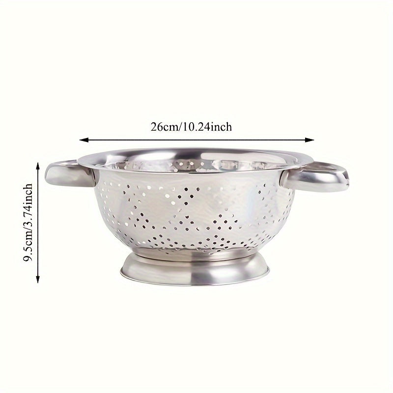 One piece of a durable metal colander with handles, perfect for washing and draining vegetables, fruits, and pasta. This food-safe kitchen strainer is made of stainless steel and comes with a sturdy base.