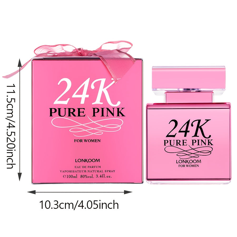 LONKOOM 24K Pure Pink Eau De Parfum: Floral & Fruity scent with Apple Top, Orchid Heart, Amber Base. Alcohol-Infused, Formaldehyde-Free, ideal winter date gift. 100ml Women's Perfume in