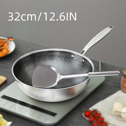 The Stainless Steel Chef's Pan features a non-stick honeycomb surface, making it scratch-resistant and heat-resistant. Its ergonomic one-handed design is perfect for stir-frying. This versatile cookware is ideal for both home and outdoor use.