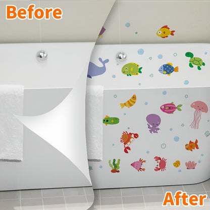 6 non-slip bathtub stickers with underwater animal patterns, frosted for bathroom safety.