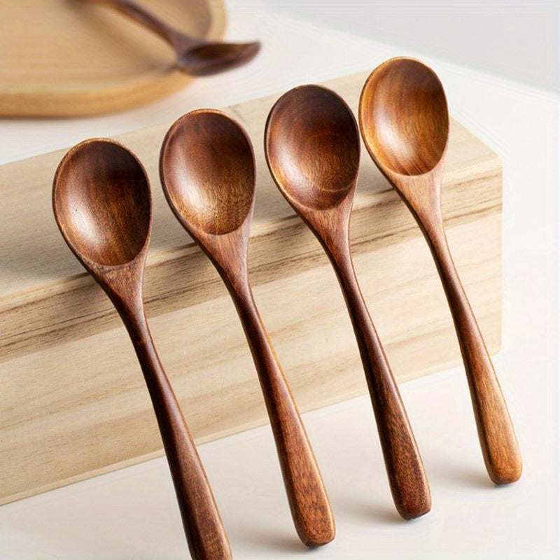 4-piece set of wooden spoons for mixing and serving soup, coffee, dessert, and other foods, suitable for use in restaurants and at home parties.