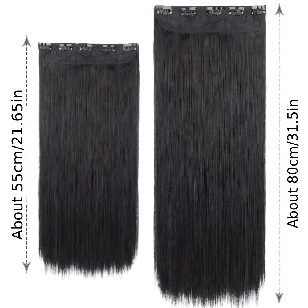 Elegant natural looking synthetic clip-in hair extensions for daily use, 32 inch long straight pieces with 5 clips.