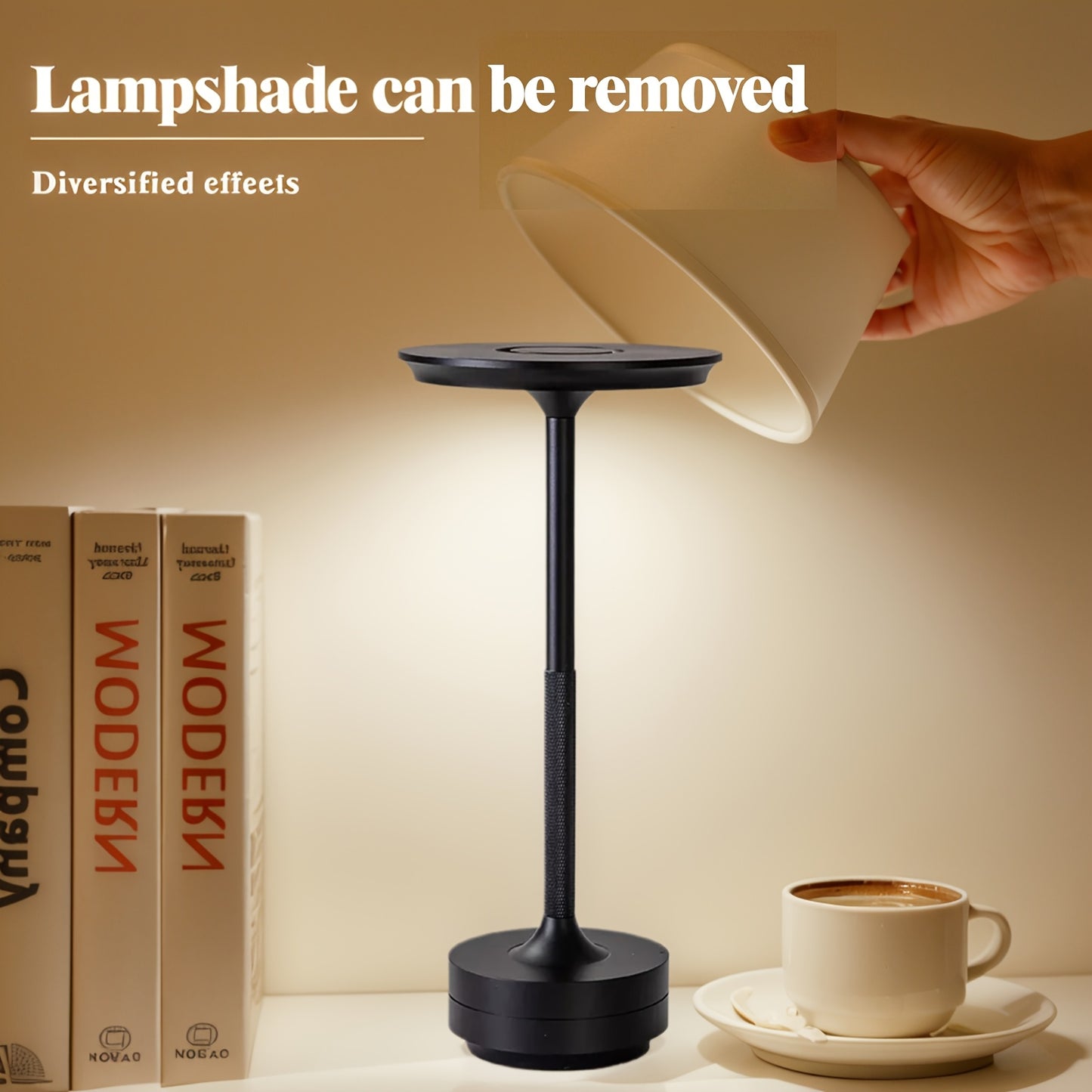 USB Rechargeable Table Lamp with Metal Material, Touch Control, 3 Color Temperatures, Stepless Dimming, and Removable Art Lampshade, suitable for various settings.