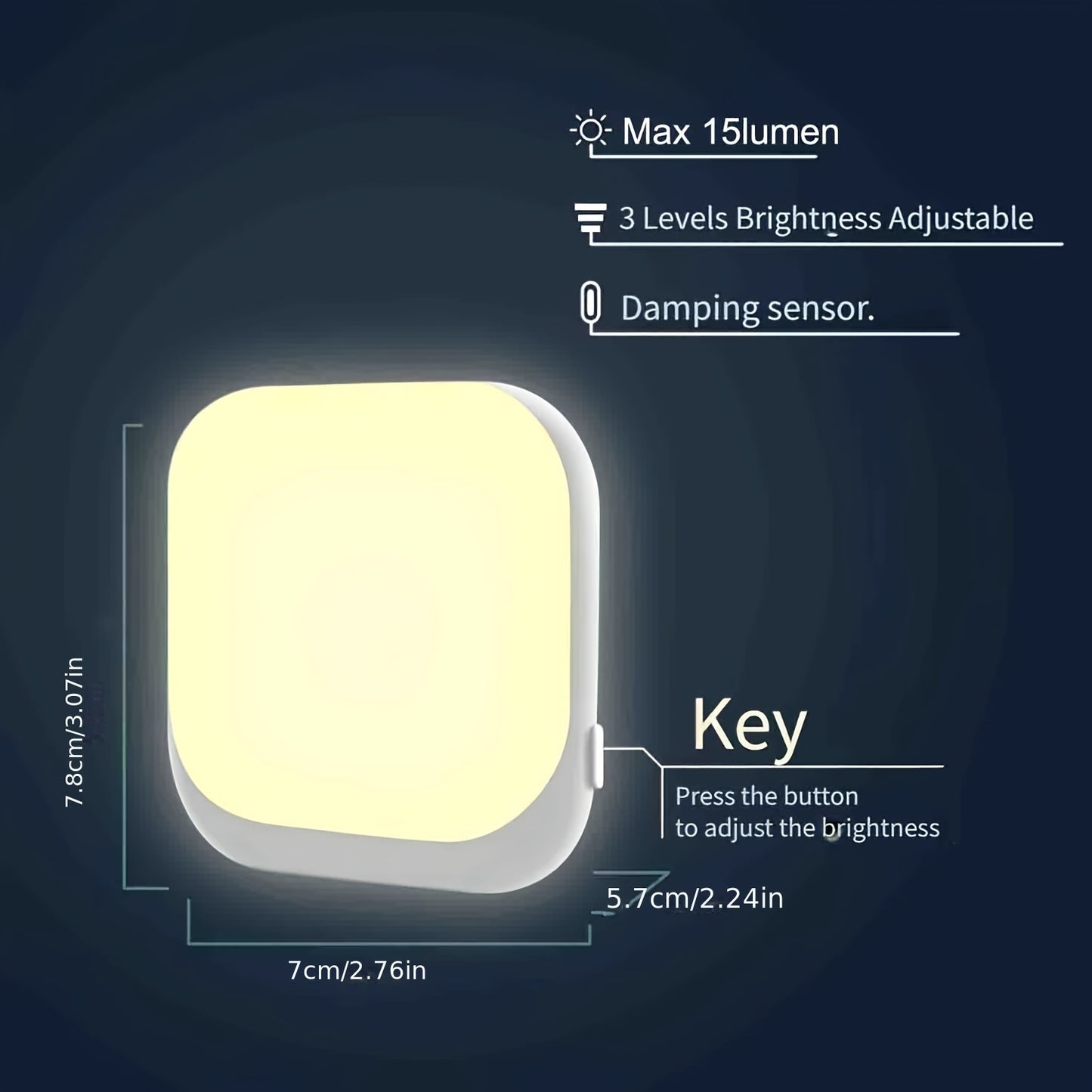 Energy-efficient LED night light with smart sensing, light sensor, and wall mount for various rooms.