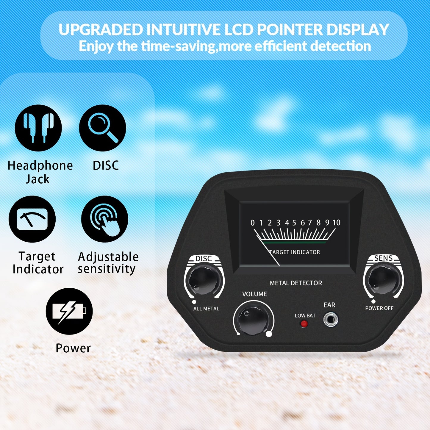 Compact metal detector with high sensitivity and a 20.32cm coil, adjustable power and target identification. Ideal for beach treasure hunting, requires batteries (not included).