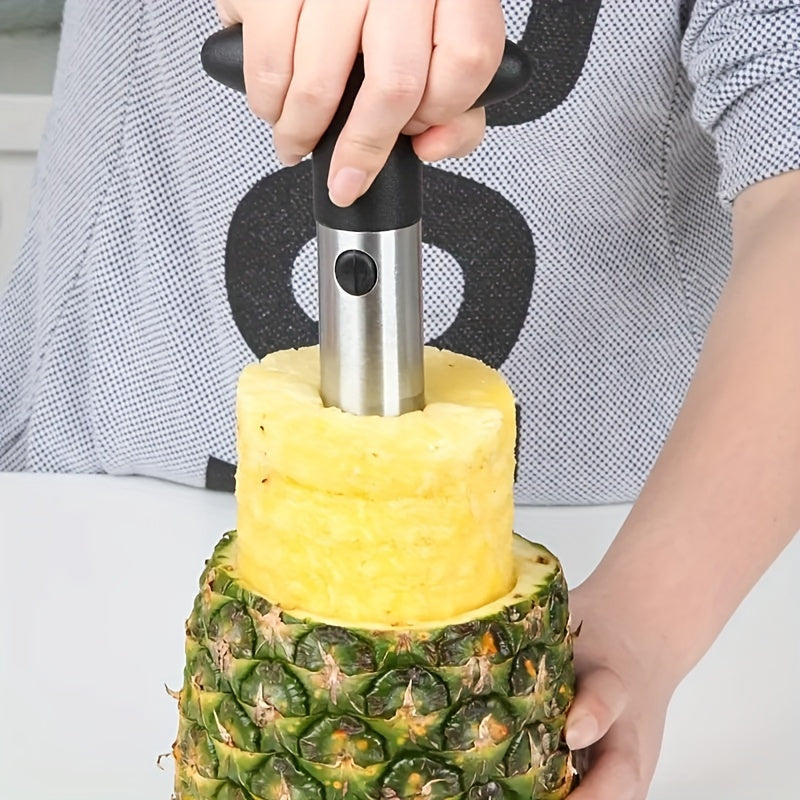 Effortlessly remove and slice pineapple with the 1pc Stainless Steel Pineapple Corer and Slicer, a simple kitchen tool that is easy to use.