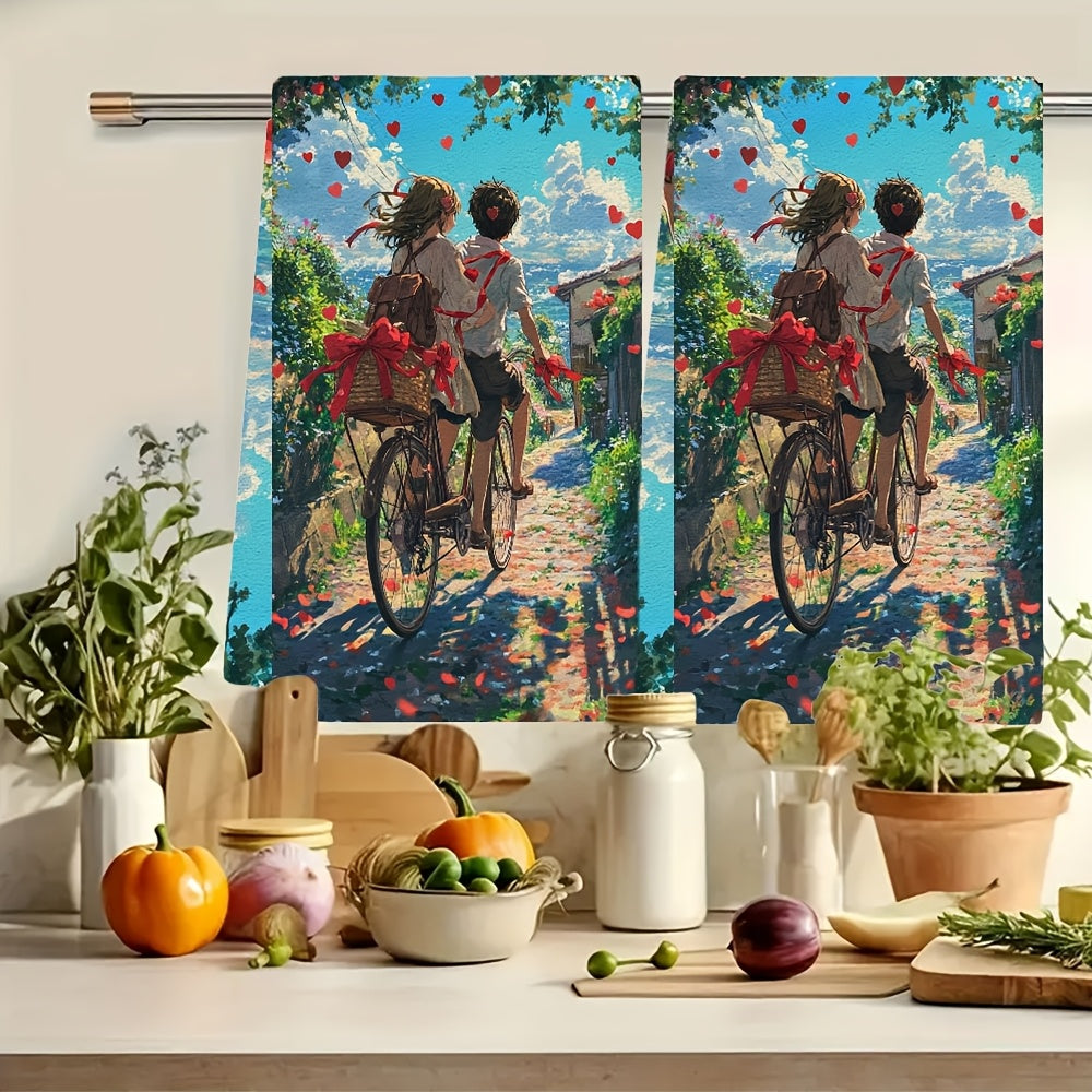 This set includes 2 ultra-soft kitchen towels showcasing an anime couple riding a tandem bicycle decorated with red ribbons and heart-shaped bells on a scenic country road. These highly absorbent dish towels are ideal for holiday decor, can be easily