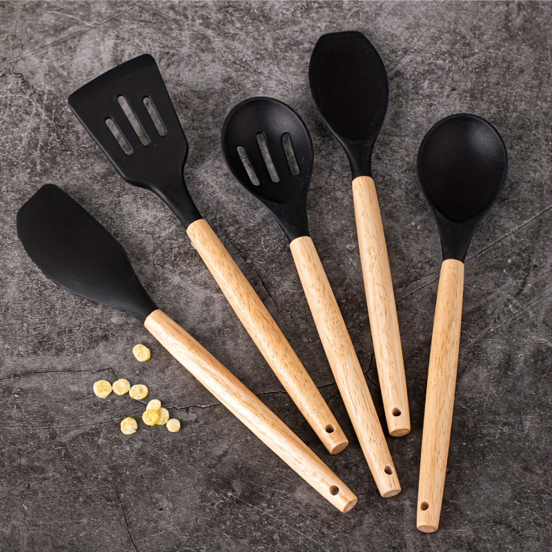 Set of 5 Silicone Kitchen Utensils with Wooden Handles, Non-Stick Cookware, Food-Safe, Easy to Clean Modern Cooking Tools, Must-Have Kitchen Accessories