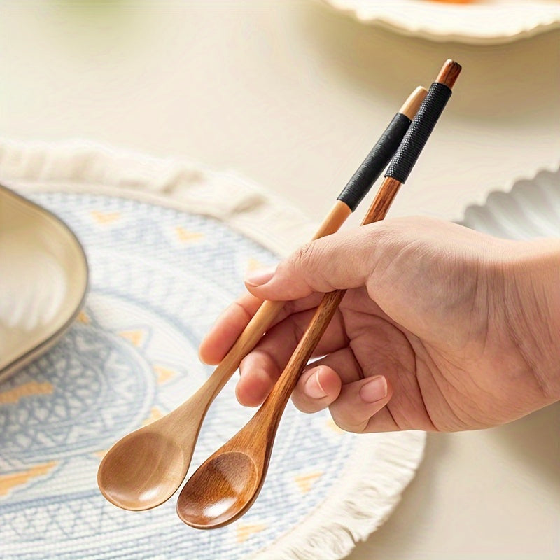 Creative long handle Japanese-style honey stirring spoon with twisted round handle, made from small wooden spoon.