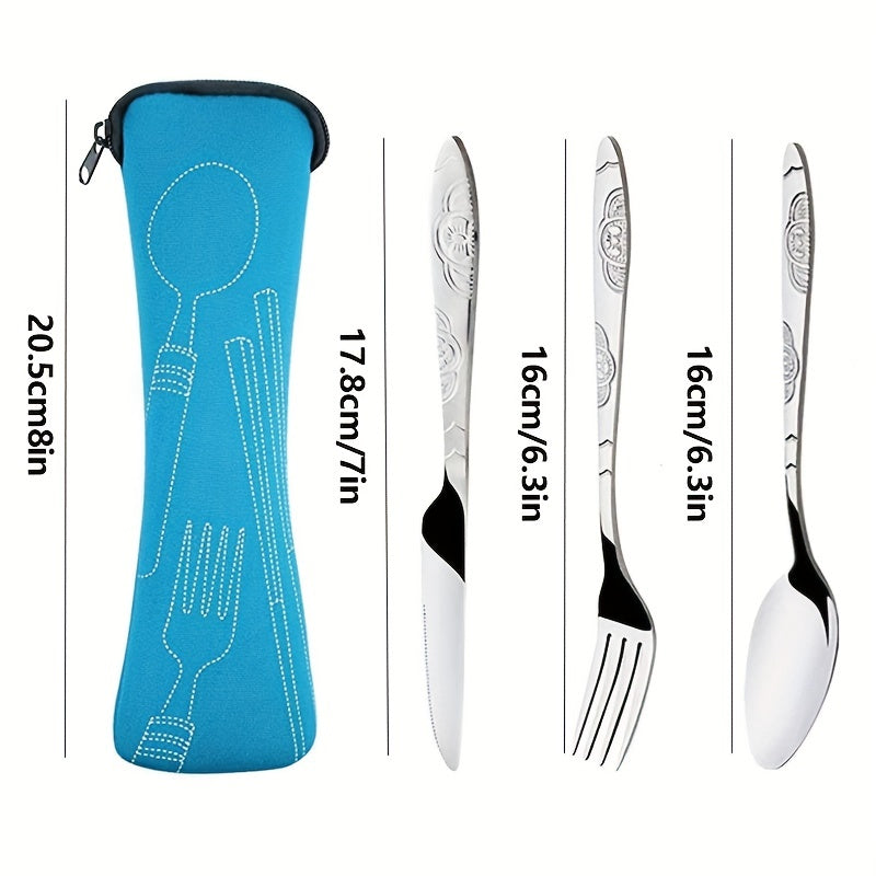 3-piece stainless steel camping cutlery set with portable bag