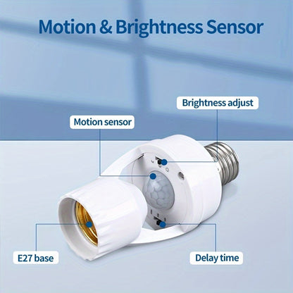 Motion Sensor PIR Lamp Holder with high sensitivity, 360° detection, white PC material, E27 screw socket, adjustable delay and light control. Ideal for industrial electrical use, easy