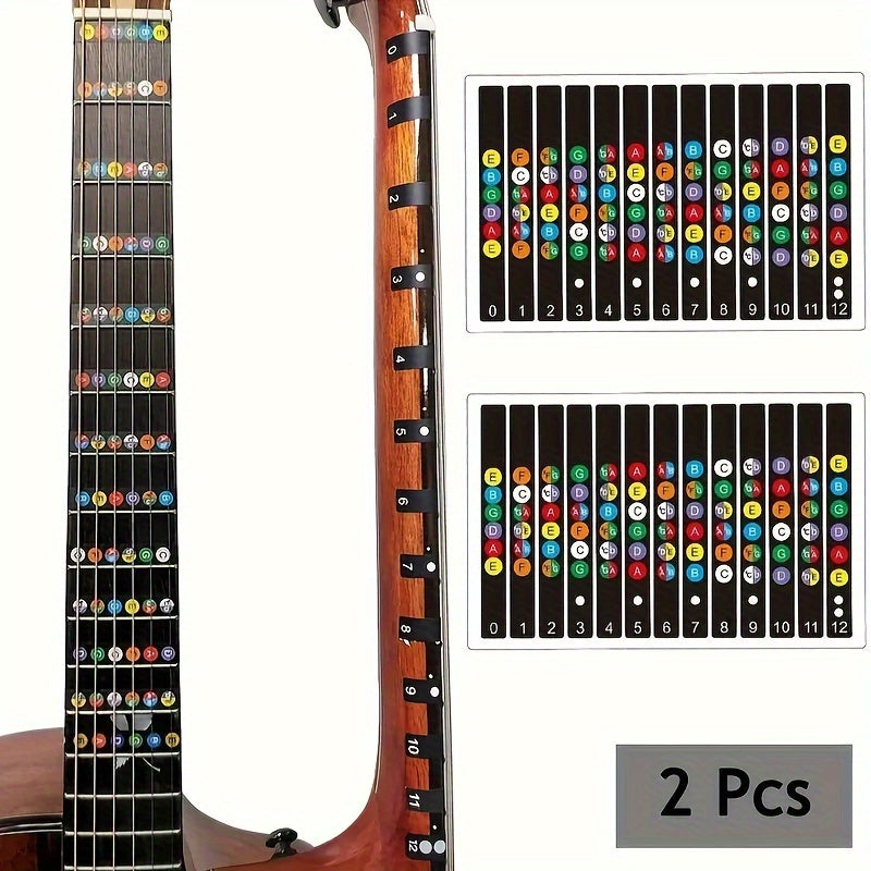 Colorful beginner guitar labels with notes and chord diagrams for acoustic guitars. Durable and easy-to-apply fretboard stickers, guitar accessories.