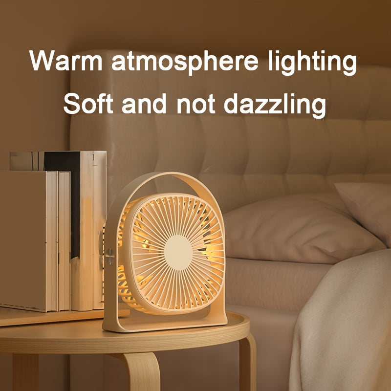 Desktop Fan with LED Light, 5-Speed Strong Wind, 360° Rotatable Head, USB Rechargeable 1200mAh Lithium Battery, Portable Design, Button Control, Plastic Material, Suitable for Indoor & Outdoor Use in Office, Restaurant, Bedroom