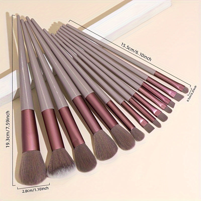 13 piece soft bristle makeup brush set in cream brown with pink & gray handles. Includes powder, blush, eyeshadow, and highlight brushes. Quick-dry, portable, and suitable for all skin