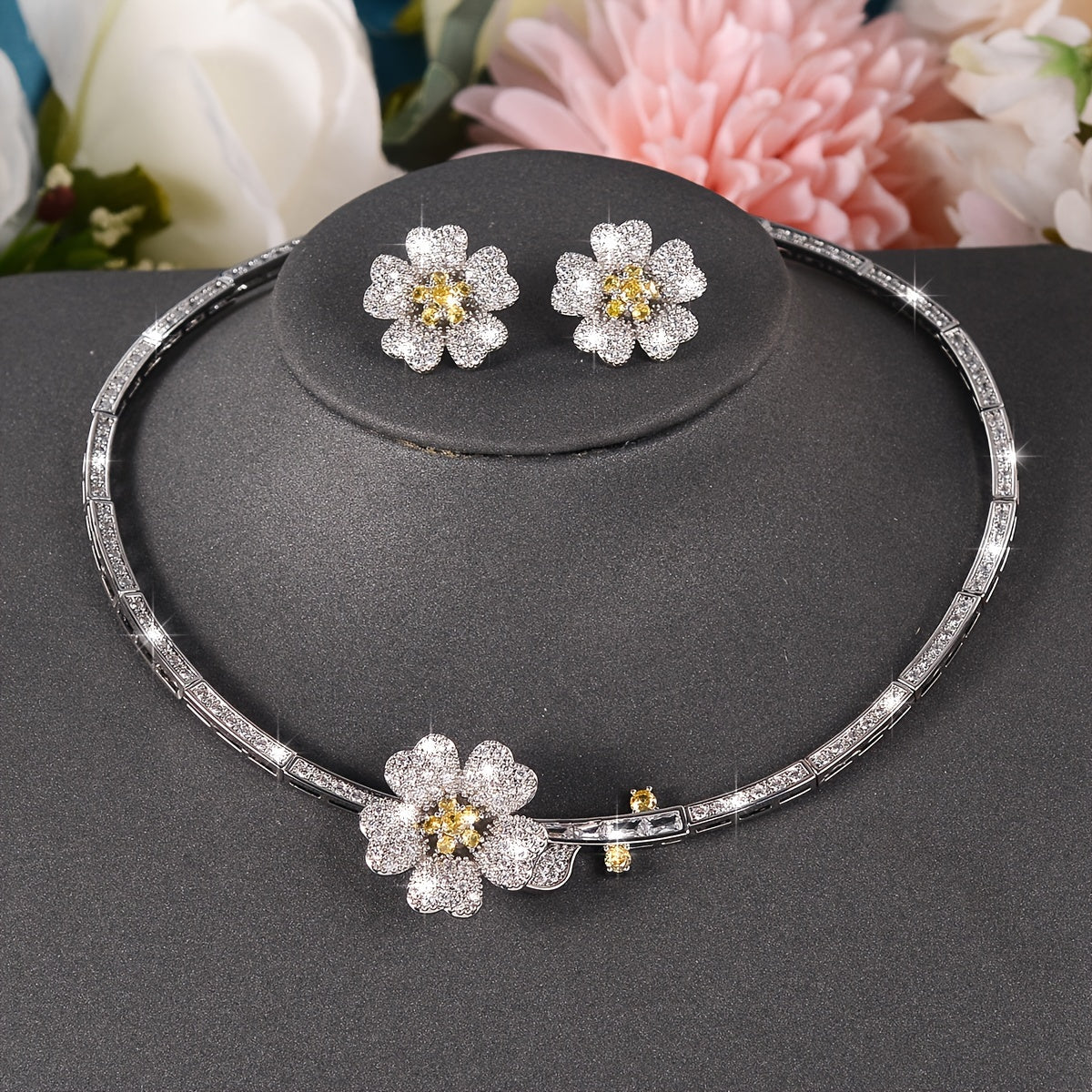 Beautiful Set of 925 Sterling Silver Floral Zirconia Earrings & Necklace - Perfect Fashion Accessories for Women to Wear Daily or Give as a Gift