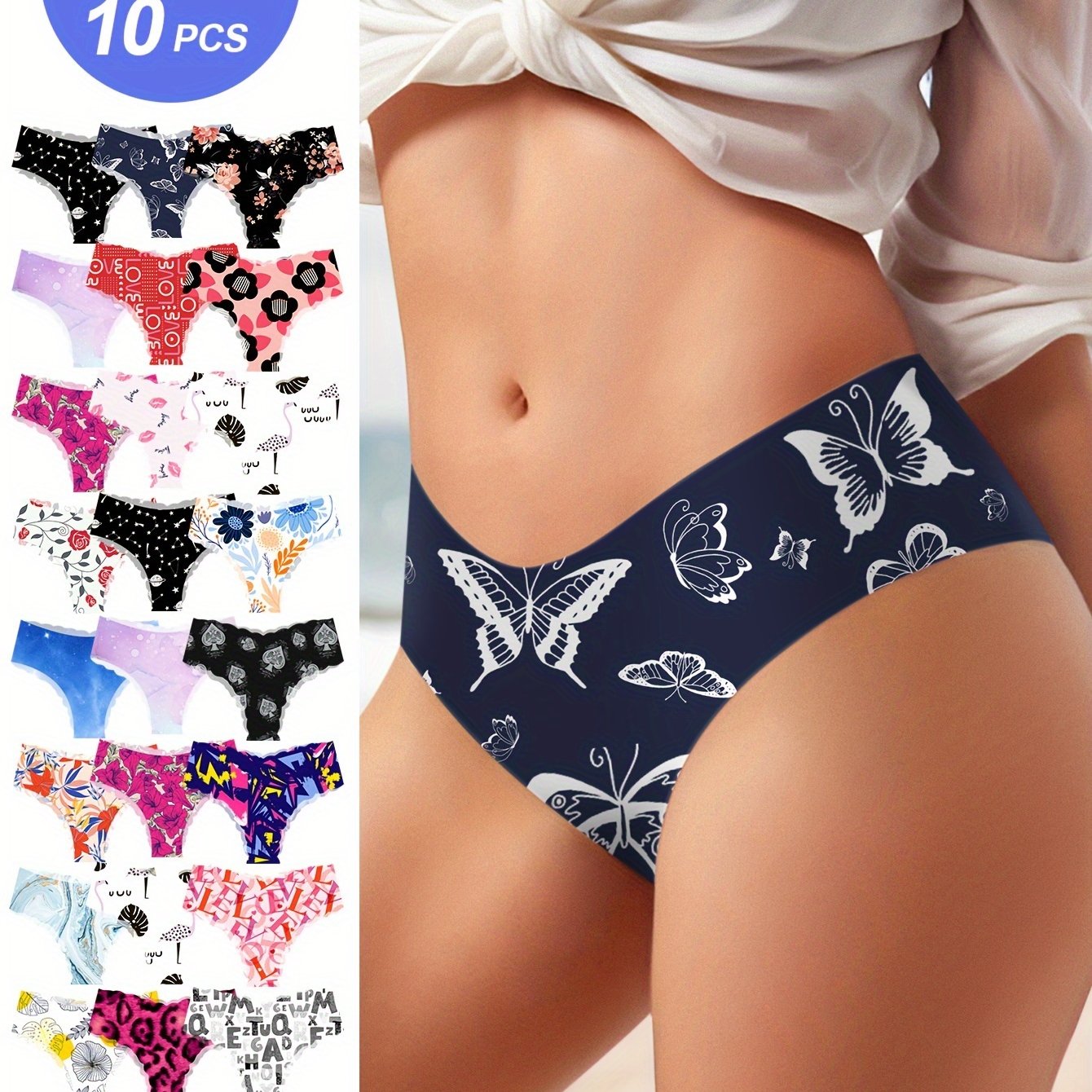 10 Traceless, comfortable and breathable women's underwear with fashionable art print design and low waist fit, perfect for daily wear.