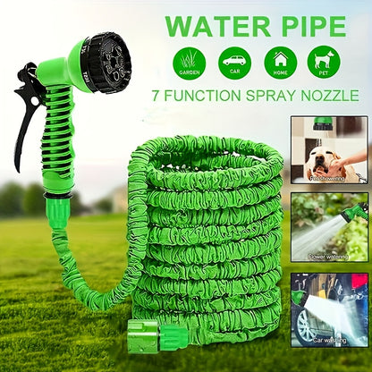 Magic Retractable Garden Hose with High Pressure and Multi-Function capabilities, includes extendable nozzle, rubber material, connectors, cleaning tool, and dust removal. Comes in